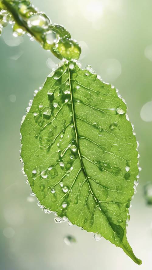 상아빛 흰색 배경에 이른 아침 이슬로 반짝이는 녹색 잎이 있는 고요한 풍경입니다.