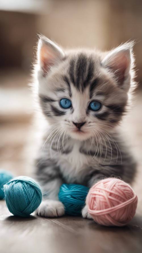 A curious pastel blue-eyed kitten playing with a ball of yarn.