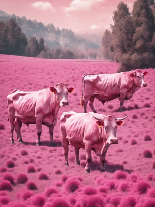 Pink cows in varied poses across a watercolor scenery.