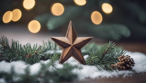 A single minimalist wooden star ornament laying among fresh spruce twigs