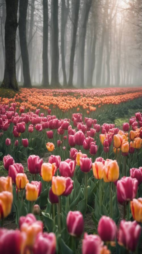 Tulip fields in full bloom in the middle of a misty forest.