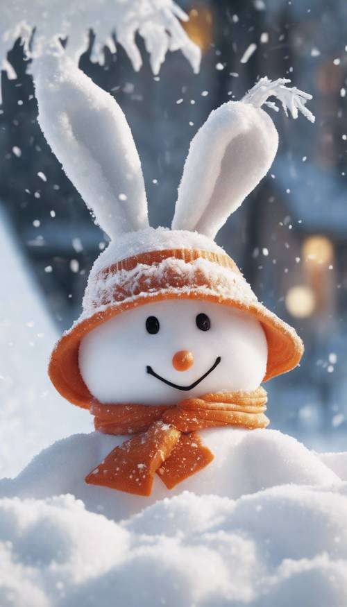 Une scène hivernale ludique d&#39;un bonhomme de neige au nez de carotte envoyant un sympathique lapin blanc sur un toboggan enneigé.