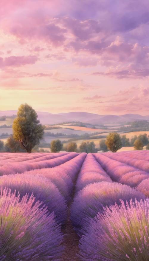 Un paysage aquarelle panoramique rempli de champs de lavande sous un ciel crépusculaire rose tendre.