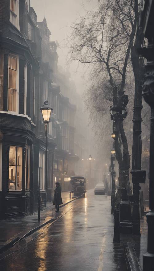 A vintage-style watercolor of a dark, foggy street in Victorian London.