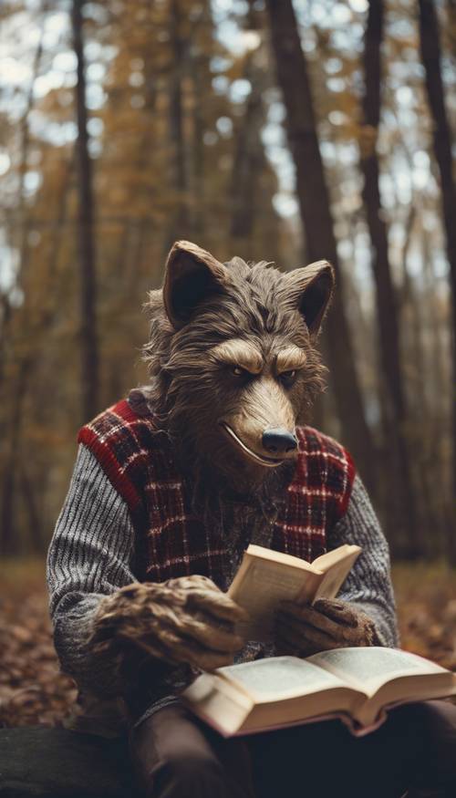 Un hombre lobo adolescente que viste un suéter de Argyle y lee un libro de literatura clásica.