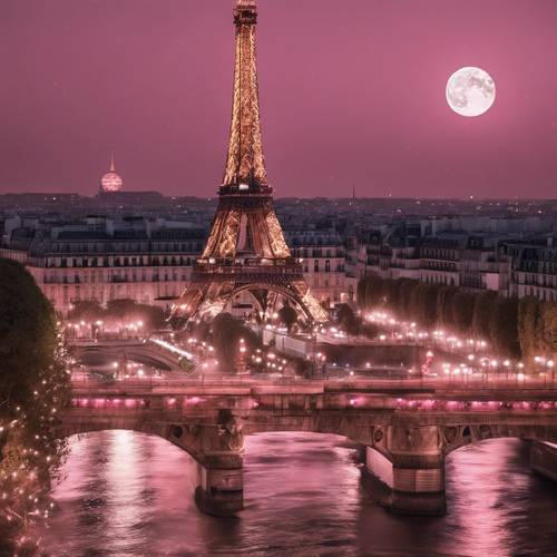 Une nuit de pleine lune à Paris avec la Tour Eiffel embrassée par des lumières roses.
