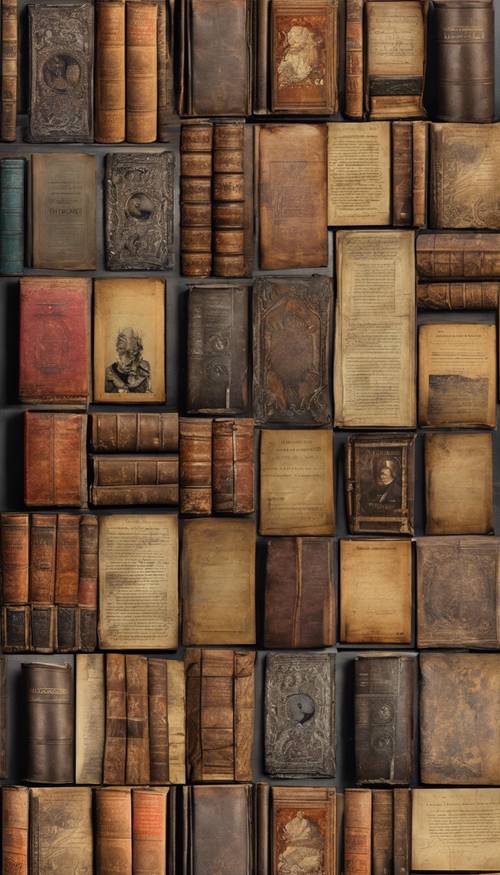 A collage of old book covers from the 1800s, arranged in a vintage, artistic fashion. Tapeta [8af6fcd3ba2c4976a5e4]