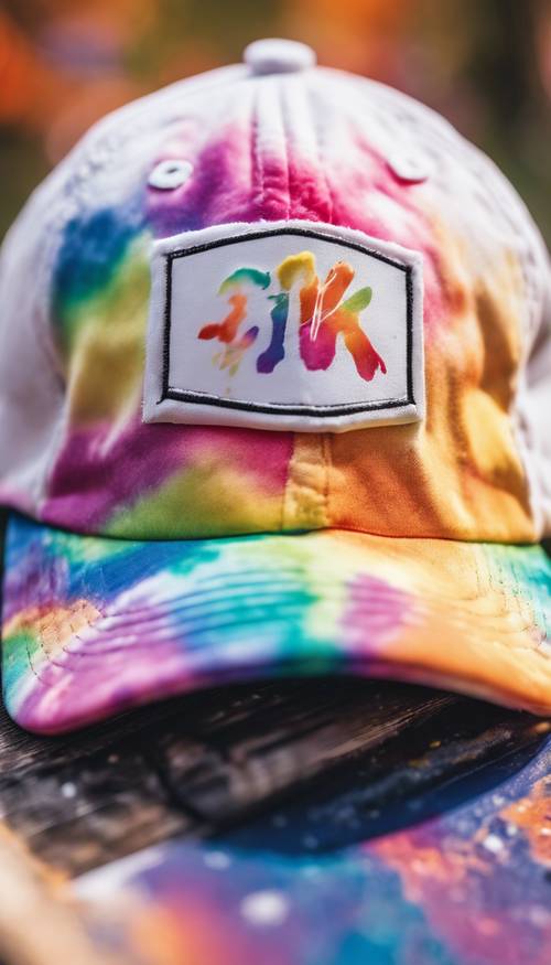 A white baseball cap getting tie-dyed in bright rainbow shades.