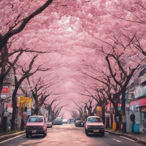 Panoramiczny widok na sezon kwitnienia wiśni malujący pejzaż Tokio różowymi odcieniami.