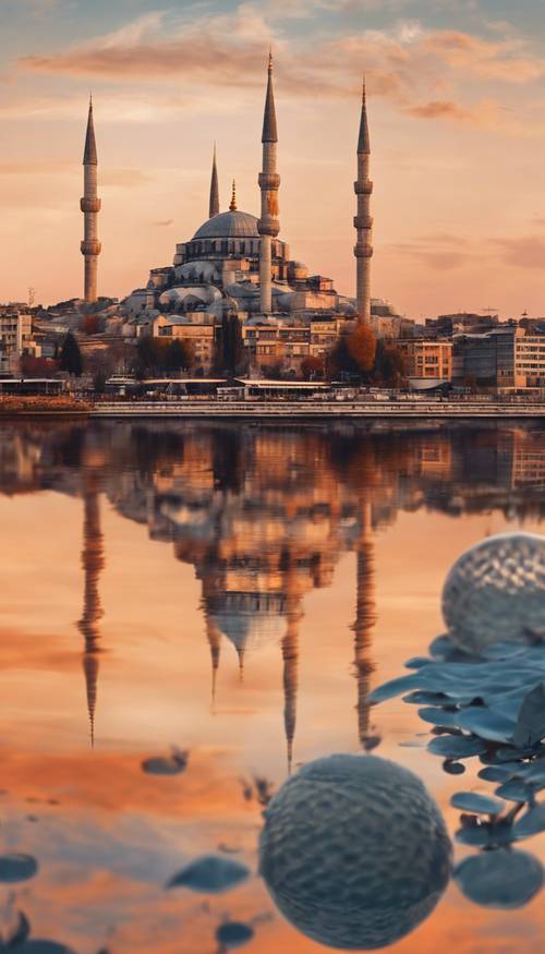 Gün batımında İstanbul&#39;un panoramik görüntüsü, turuncu gökyüzünün önündeki ünlü Sultanahmet Camii silüeti.