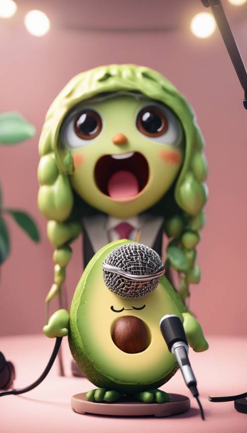 An adorable kawaii avocado, on stage, ready to sing into a microphone.