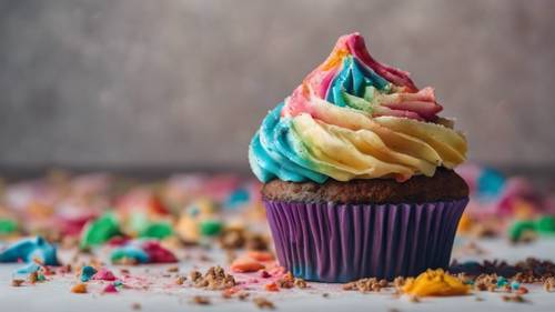 A half-eaten cupcake with rainbow frosting on a napkin, crumbs scattered around.