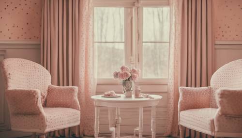 复古风格的房间，以温暖柔和的色调装饰有圆点窗帘和柔软的圆点椅子。