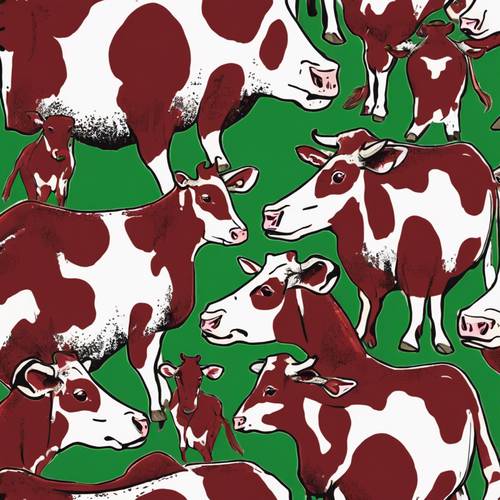 牛の模様が混ざった、濃い赤と新鮮な緑色の壁紙