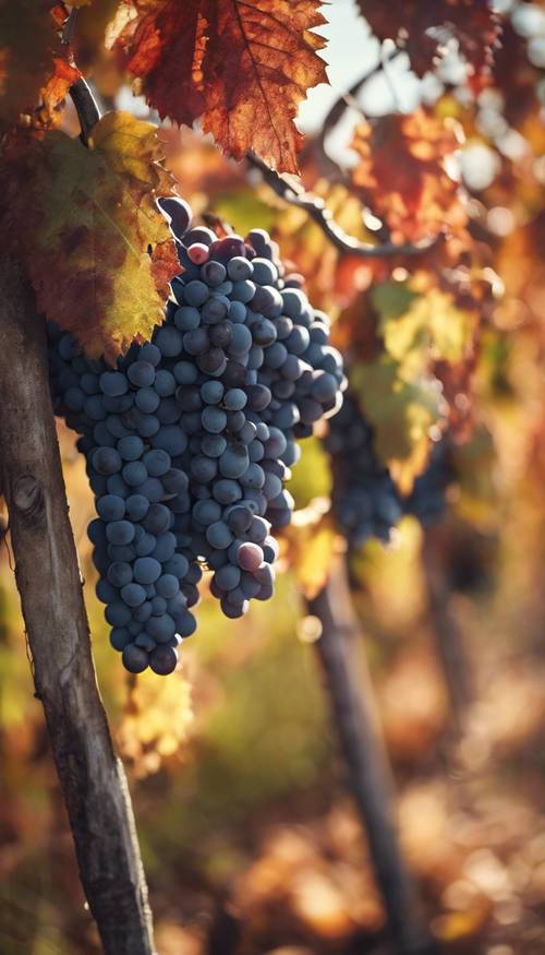 A vibrant, painterly representation of a late autumn harvest in a vineyard with lush, ripe grapes.