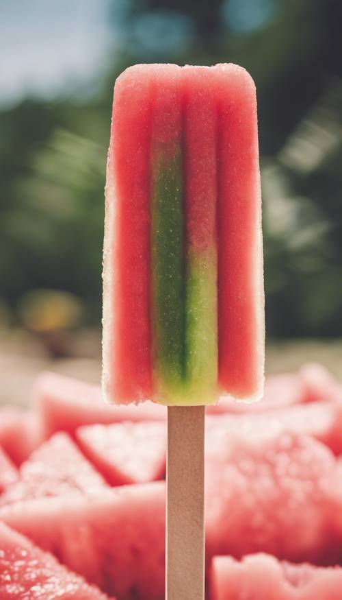 Vue rapprochée d&#39;un bâtonnet de glace avec une glace rafraîchissante au goût de pastèque dévorée lors d&#39;une chaude journée d&#39;été. Fond d&#39;écran [d774052153234233bb88]