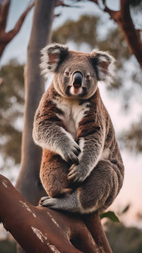 A wise and old koala, alone and atop the highest branch of a eucalyptus tree, gazing at the rust-colored Australian dusk.