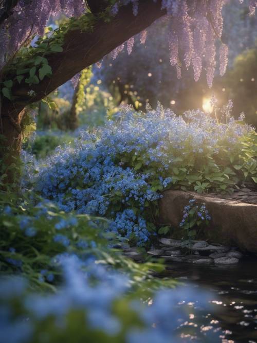 A bed of forget-me-nots near a bubbling brook, shadowed by a wisteria-covered arch in the twilight. Tapeta [0349983e9b294810801c]