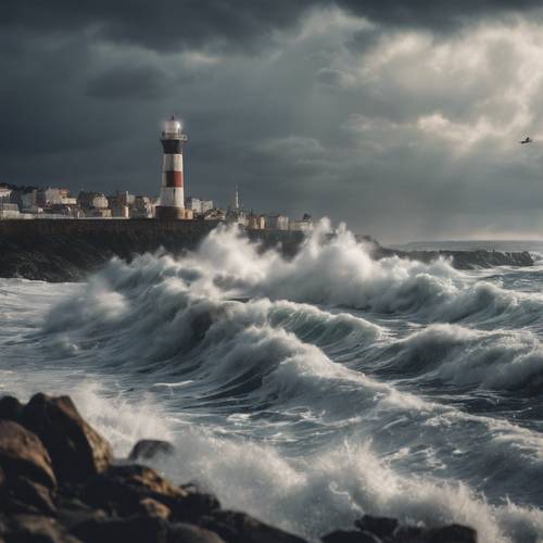 The stormy skyline of a seaside city, with lighthouses and ships battling against the waves. Tapeta [b0b9815897ec44b89787]