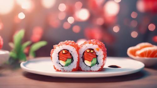 Urocza kawaii rolka sushi z jaskrawoczerwoną rybą i zabawną uśmiechniętą twarzą.