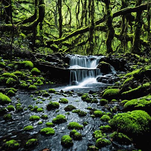 The hauntingly beautiful sight of black water gushing through a dense, mossy forest.