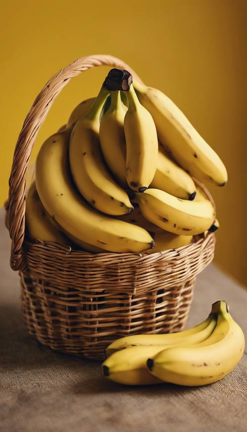 Banane fresche mature disposte in un cestino con uno sfondo giallo. Sfondo [e98bac1e9ba24abfb373]