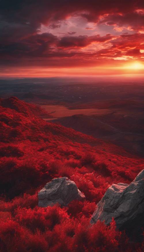 An intense red sunset as seen from the top of a mountain, casting a stunning light over the wild landscape. Wallpaper [4005dd788b964b8c98e0]