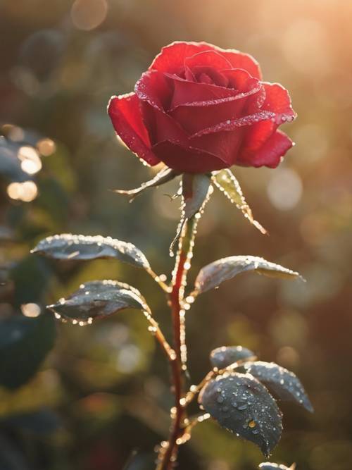 A close-up of a dew-kissed red rose under the early morning sun.