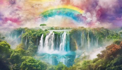 Un paisaje onírico surrealista en acuarela con visiones de islas flotantes, cascadas que caen desde las nubes y un cielo con los colores del arcoíris.