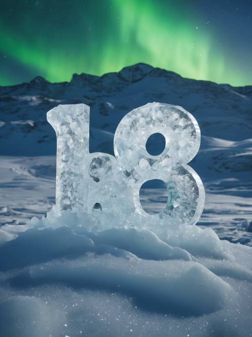 The number '8888' made of crystal-clear ice on a snowy mountain under the aurora borealis.