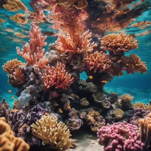 Um recife de coral vibrante repleto de biodiversidade marinha em um oceano cristalino.