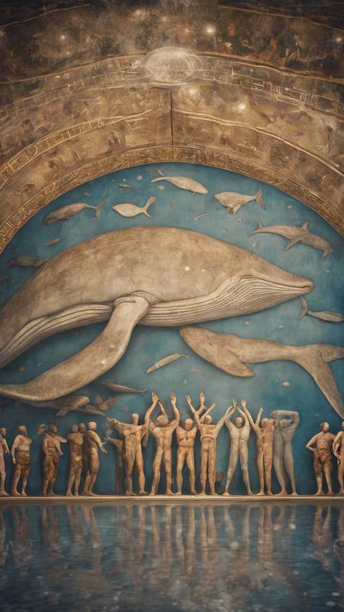 A captivating fresco showing ancient humans worshiping giant eternity-blue whales.