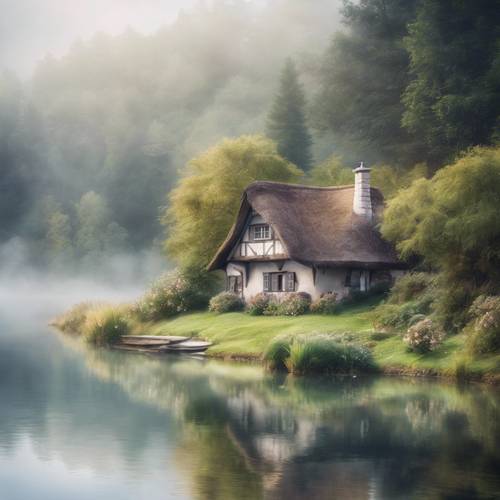 An aquarelle painting of a fairy-tale cottage nestled at the edge of a peaceful misty lake.