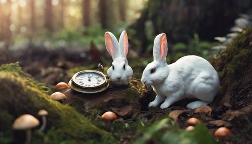 The White Rabbit frantically looking at his pocket watch under a mushroom.