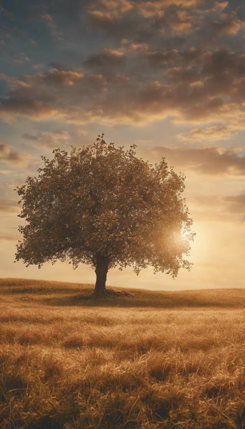 황금 시간 동안 광활한 들판에 홀로 있는 사과나무의 놀라운 이미지