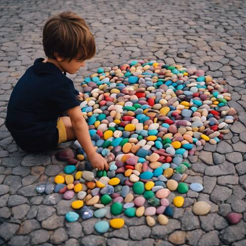 A child using colorful pebbles to create sidewalk art.