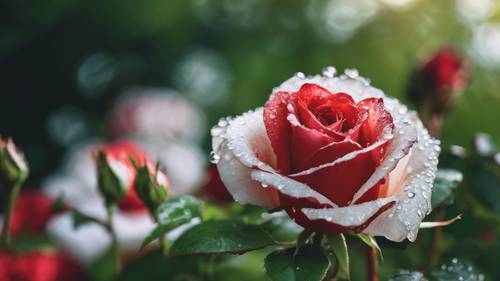 A stunning red and white rose with dew drops on its petals, standing out against a pure green leafy background.