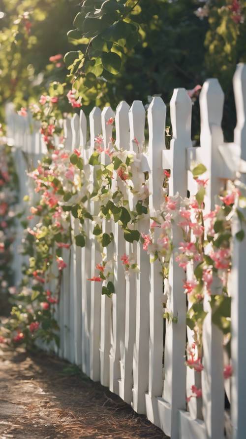 A white-picket fence adorned with blooming honeysuckle vines.