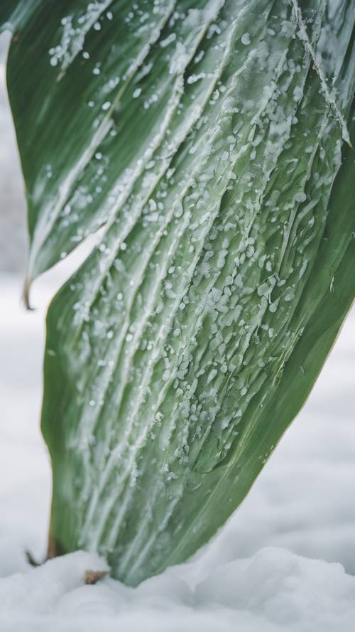 A banana leaf gilded with faint traces of frost against a stark white landscape.
