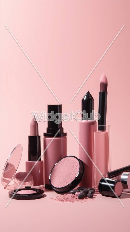 Exhibición de productos de maquillaje bastante rosa
