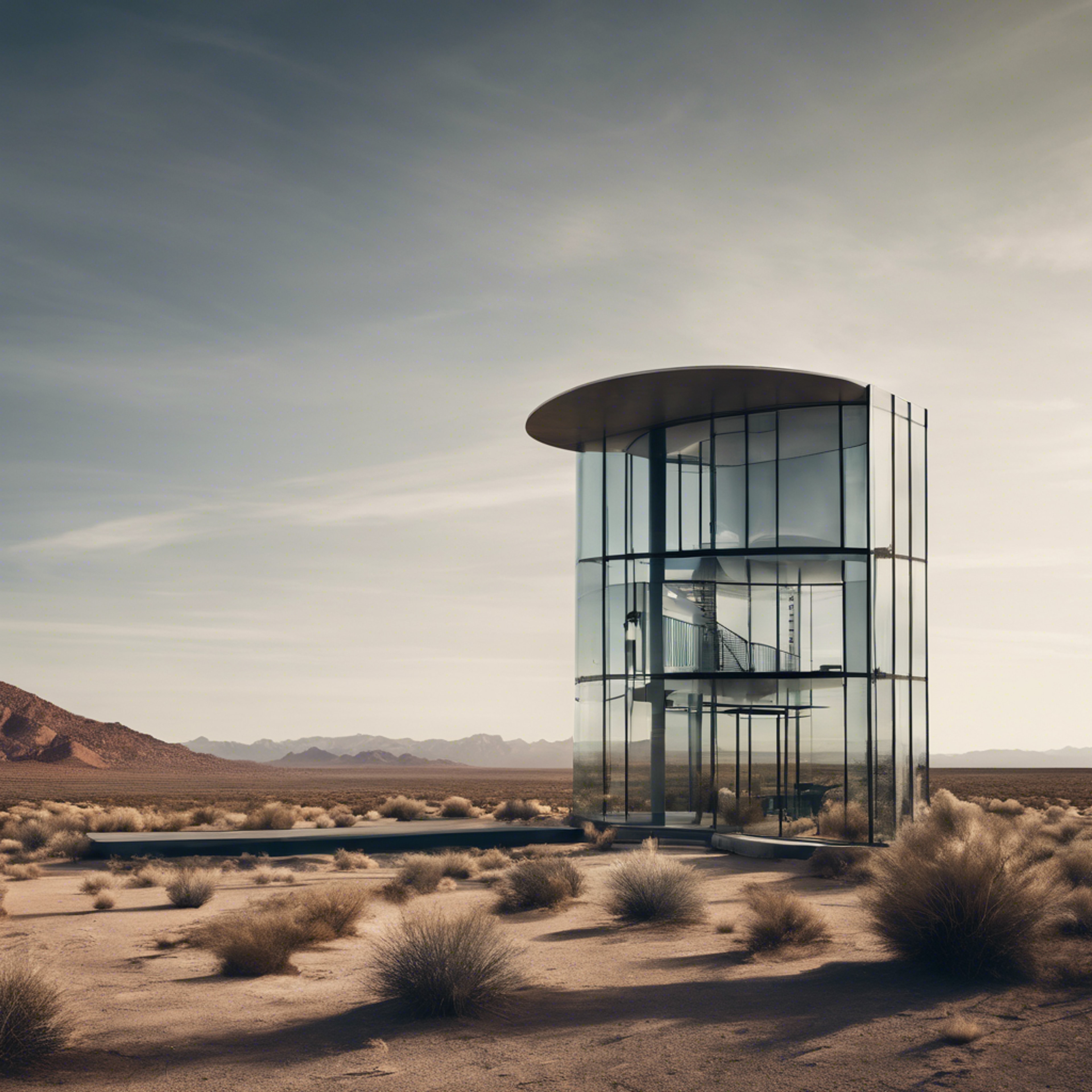 A modern glass structure built in the solitary desert, standing in stark contrast with the natural environment. Wallpaper[81ab0a1fba724369aecb]