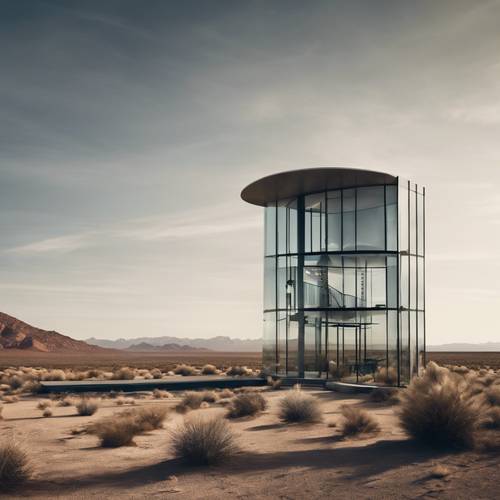 一座现代玻璃结构的建筑建在荒凉的沙漠中，与自然环境形成鲜明的对比。