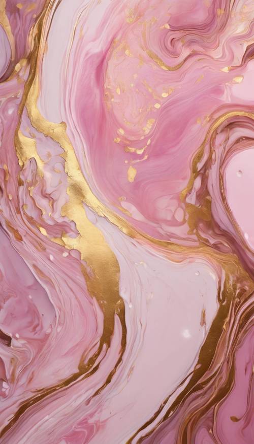 Изысканная абстрактная картина, имитирующая глубину и рябь розового и золотого мрамора.