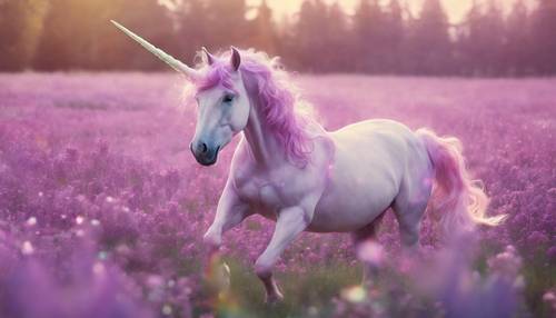 Un stravagante unicorno color lilla che si impenna attraverso un prato magico sotto un arcobaleno pastello.