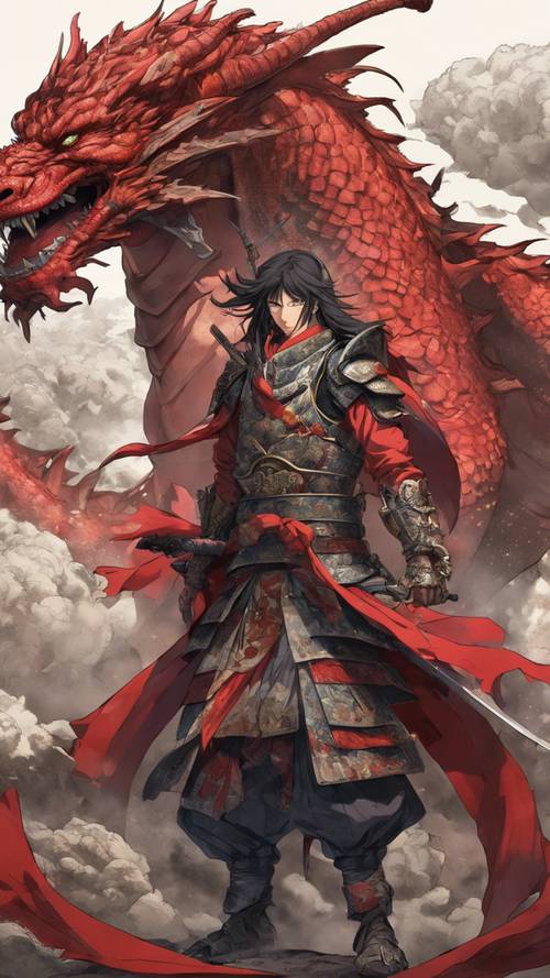 לוחם אנימה אמיץ לבוש בשריון סמוראי, צעיף אדום מתנופף ברוח, בוהה בנחישות בדרקון מפלצתי.