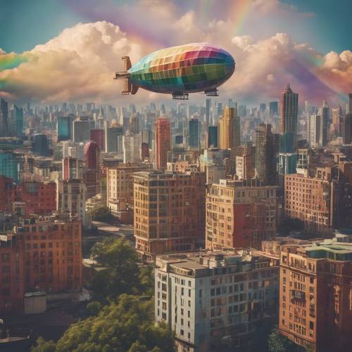 Above a modern whimsical city with rainbow-colored skyscrapers, an old-fashioned airship could be seen. Tapet [e7ecaa6783894912aabf]