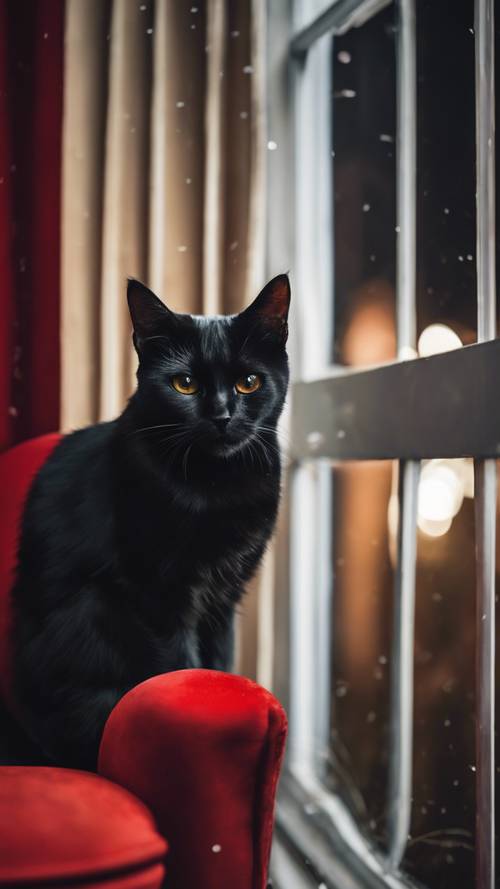 Trzymająca w napięciu scena czarnego kota siedzącego na czerwonym fotelu i wyglądającego nocą przez okno.