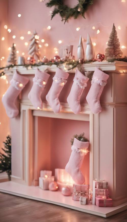 Каминная полка пастельно-розового цвета, украшенная рождественскими чулками и небольшими мягкими лампочками.