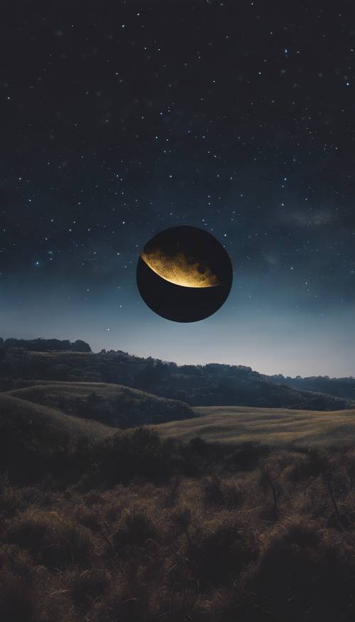 Una scena notturna con ritratto paesaggistico con un gigantesco occhio nero come la luna nel cielo stellato.