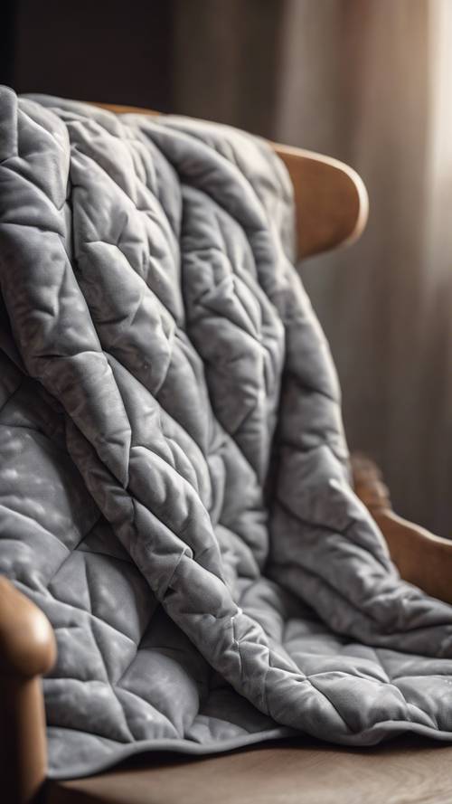 A gray and white quilted blanket, neatly folded on a rustic wooden chair.